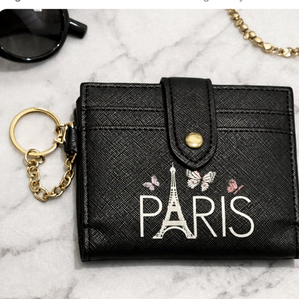 Paris Eiffel Tower Card Holder Black Wallet w/ Keychain •  ID & Coin Pouch